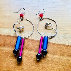 Dangling Silver and Multi-Color Glass Bead Artisan Earrings